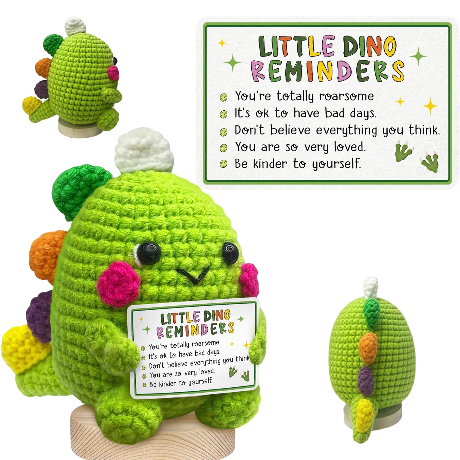 Wuneiox Positive Dinosaur Crochet Gift, Green Handmade Emotional Support Gift with Inspirational, Funny Home Decor for Encouragement, Positivity Gifts for Friends Coworkers, Proud of You Gifts