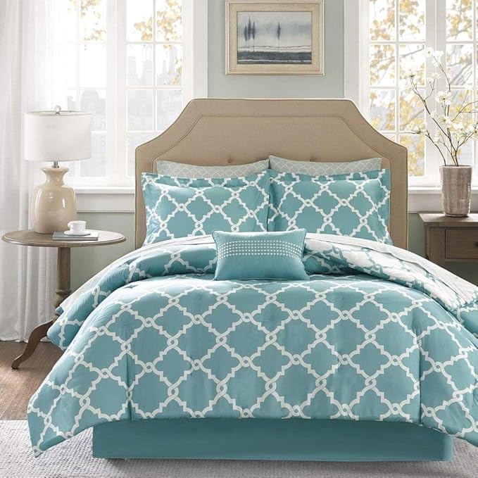 9 Piece Modern Geometric Complete Reversible Aqua Comforter