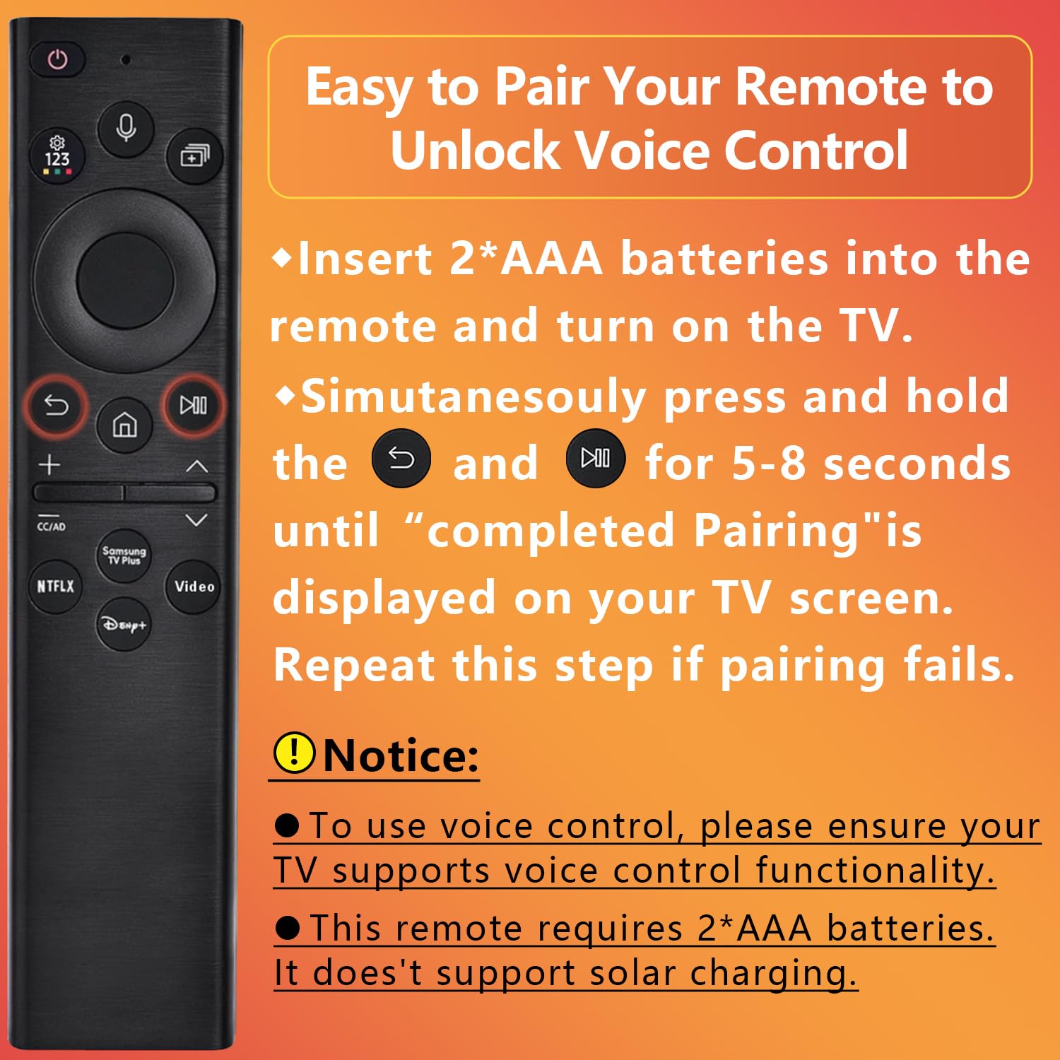 Replacement for Samsung TV Remote, for All 2019-2025 Samsung Remote Control for Smart TV with Voice Control. No Solarcell. 2-Year Warranty.