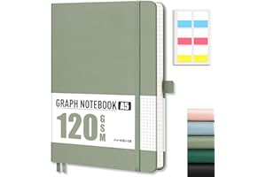 AHGXG Graph Paper Notebook - Grid Notebook Journal A5, 120 GSM Thick Graph Paper, 160 Pages, Leather Hardcover, for Graphing, Writing, Math, Engineering, 5.75'' × 8.38''- Sage Green