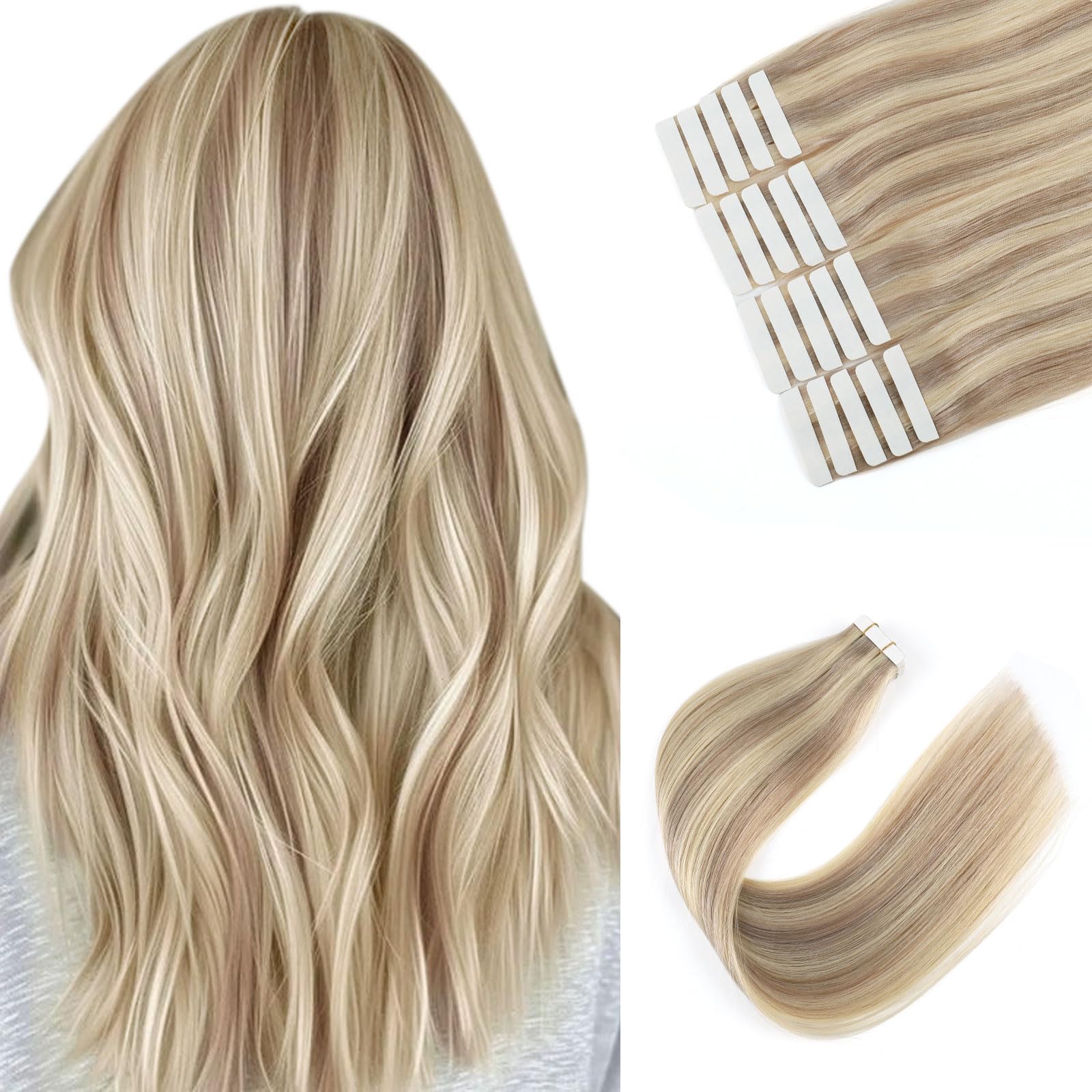Sixstarhair Blonde Tape in Hair Extensions Remy Human Hair Honey Blonde Highlighted Medium Blonde Tape in Hair Extensions Real Human Hair Seamless Hair Extensions for women 20pcs 50g [P16/22 22inch] — image 1