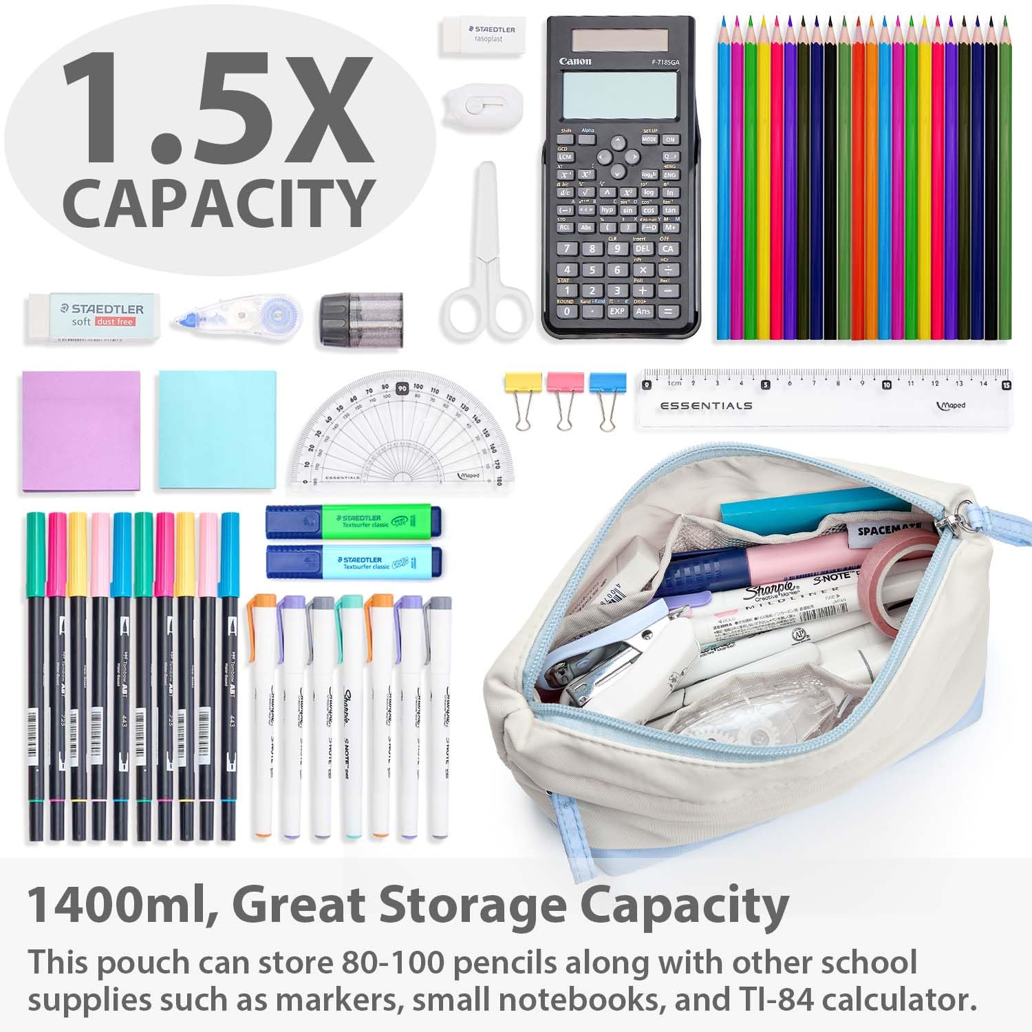 Pencil Case Pouch Bag School Supplies for Girls, Cute Aesthetic Pen Case, Large Big Capacity Zipper Stationery Bag for Women Teen Adults, Ivory and Light Blue, 1400ml