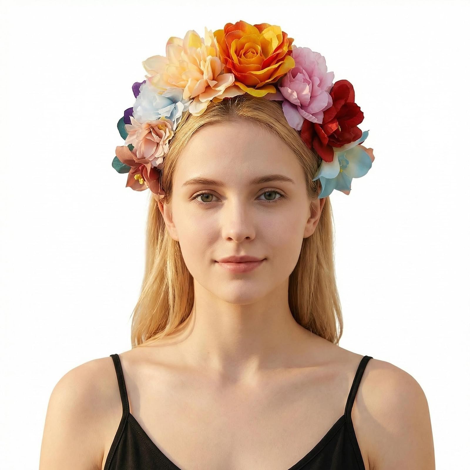 Mexican Rose Flower Crown Headband Halloween Party Costume Headpiece Rose Floral Hairbands Headwear for Halloween(Yellow Orange)