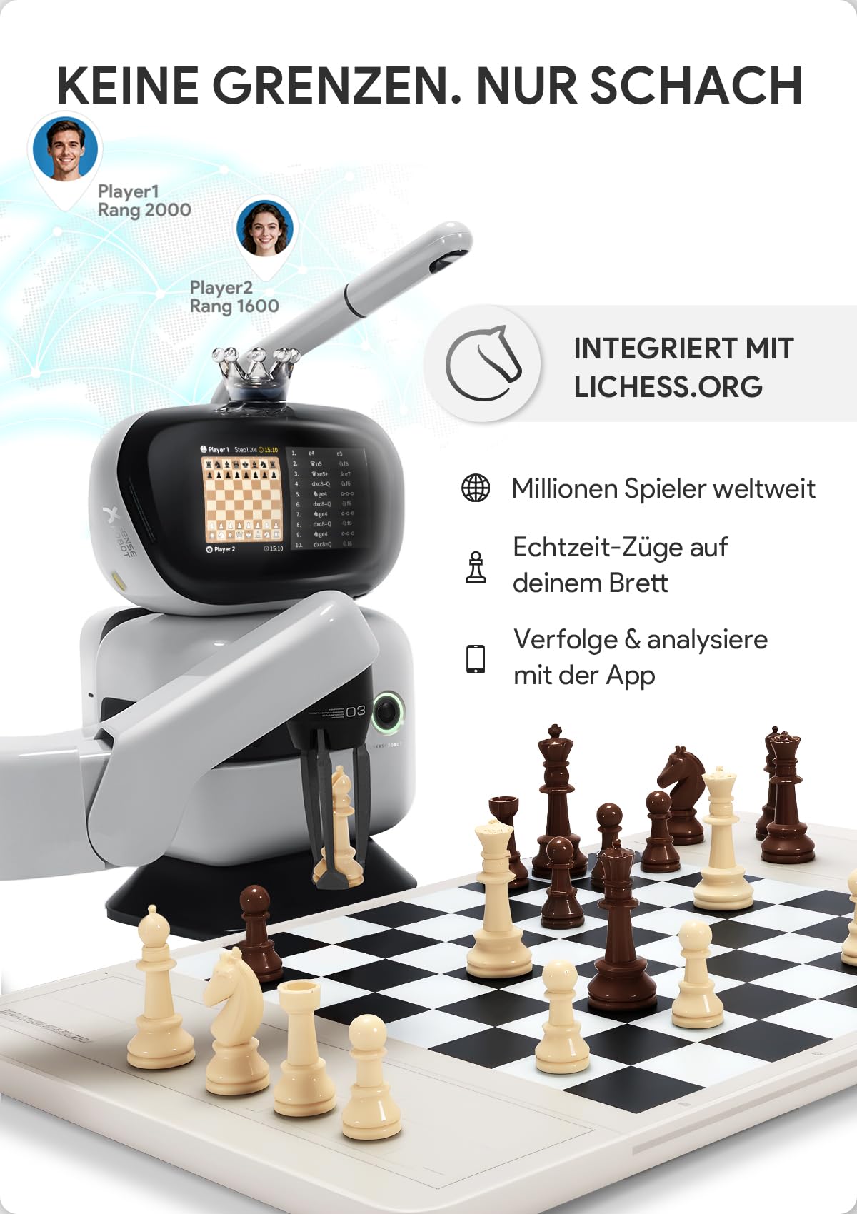 Sense Robot Schachroboter mit KI & Roboterarm – 25 KI-Stufen, 1200+ Übungen, Endspieltrainer, Spielwiederholung, Sprach-Coaching, Lichess-Anbindung, App-Sync, Für alle Spielstärken 5