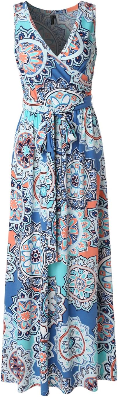 Zattcas Womens Bohemian Printed Wrap Bodice Sleeveless Crossover Maxi Dress