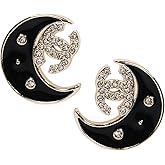 Designer Crystal Stud Earrings, Black Enamel with Gold Crystal Logo, Designer Fashion Jewelry Elegant Gift for Party & Everyday Wear