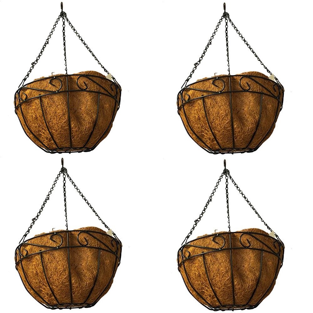 Amagabeli 4 Pack Metal Hanging Planter Basket with Coco Coir Liner 14 Inch Round Wire Plant Holder with Chain Porch Decor Flower Pots Hanger Garden Decoration Indoor Outdoor Watering Hanging Baskets