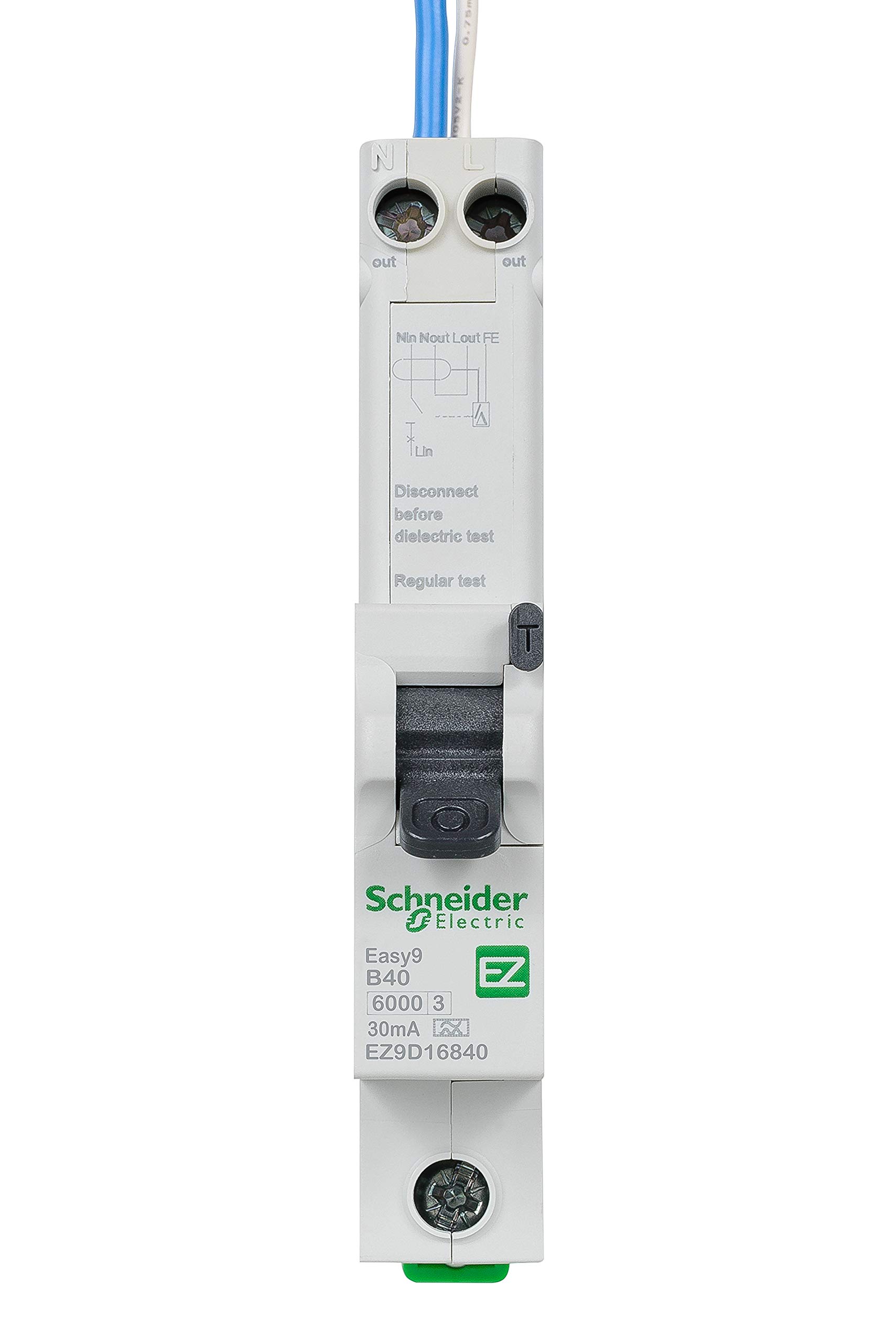 Schneider Electric Easy9 - RCBO Residual Circuit Breaker with Overcurrent Protection, 1 Pole, 40A, 30mA, Type A, B Curve, EZ9D16840