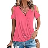 LEIYEE Womens Summer Cold Shoulder Tops Sexy Casual Short Sleeve Wrap V Neck T Shirts Cute Loose Fit Blouse