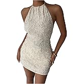 SHENHE Women's Sexy Backless Halter Mini Dress Floral Embroidered Bodycon Party Night Dress