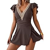 B2prity Women's One Piece Swim Dress Swimsuit Tummy Control Bathing Suit Skirt Ruffle V Neck Split Swimwear