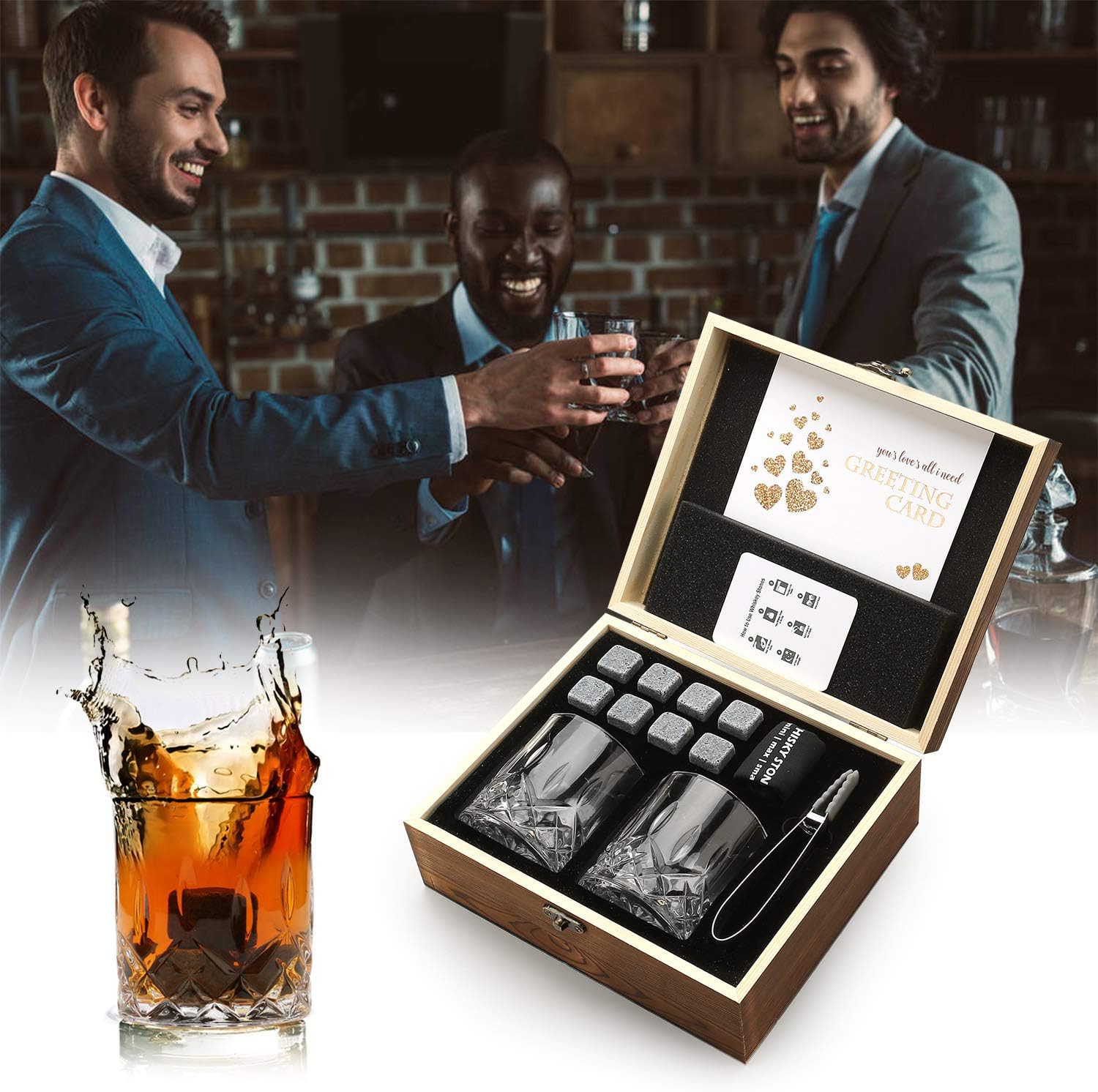 Whisky Stones Glasses Gift Set Wooden Gift Box Burbon