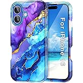Btscase for iPhone 16 Case (2024),[Military Grade Drop Tested] Marble Pattern Design Slim Rugged Shockproof Women Girls Men Protective Anti-Scratch Cover for iPhone 16, Blue Purple