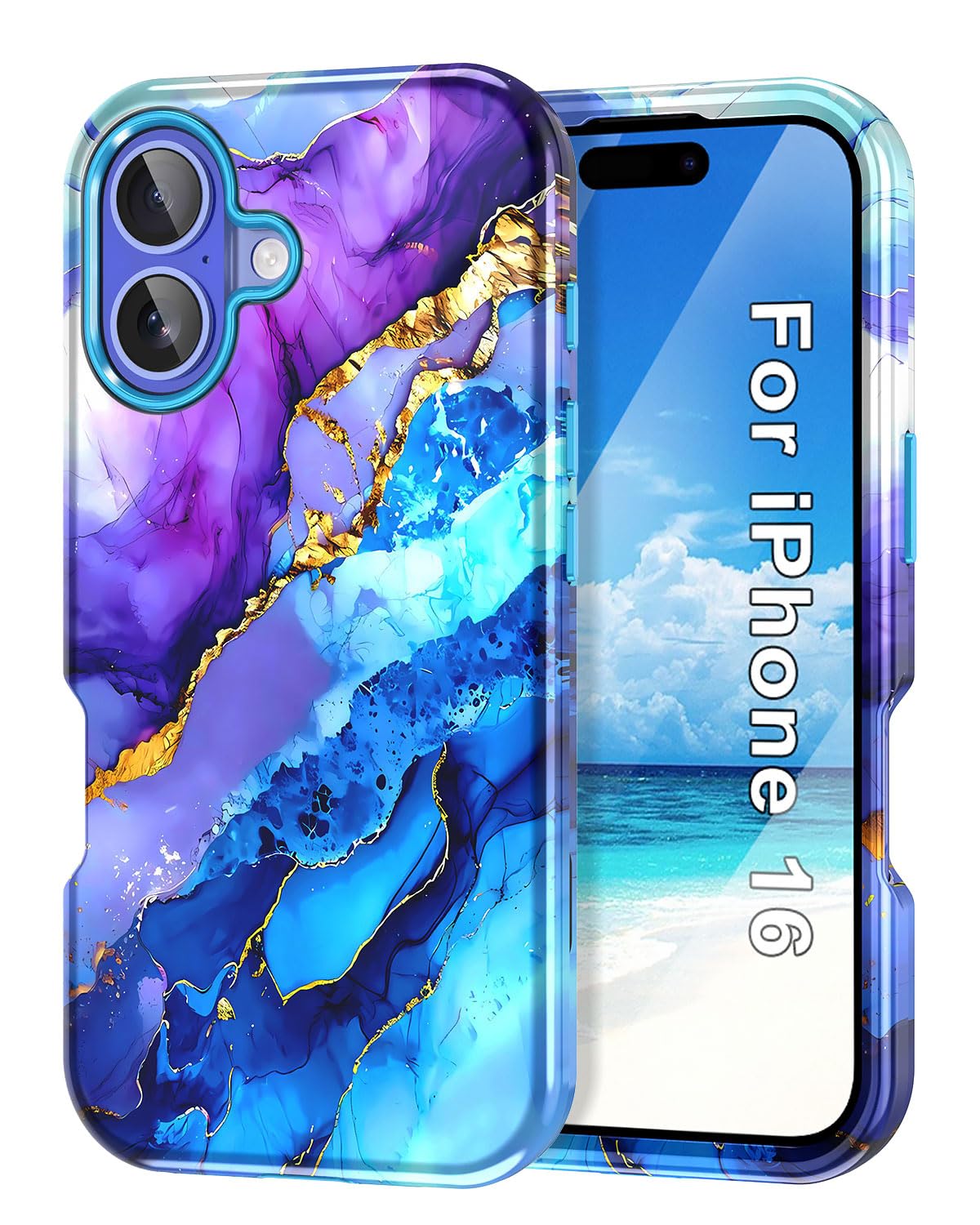 Photo 1 of Btscase for iPhone 16 Case (2024),[Military Grade Drop Tested] Marble Pattern Design Slim Rugged Shockproof Women Girls Men Protective Anti-Scratch Cover for iPhone 16, Blue Purple