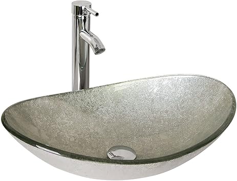 Sliverylake Artistic Boat Oval Sink Bowl Bathroom Glass Vessel Sink With Artistic Oil Rubbed Faucet Drain Green Silver Amazon Com