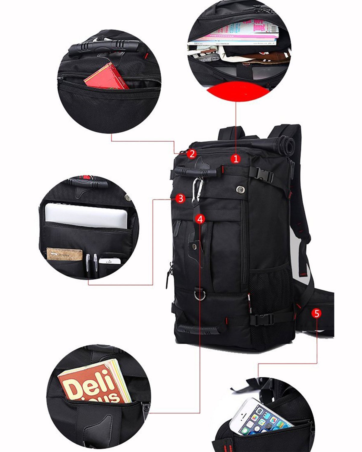 Fresion Rucksack Trekkingrucksack Herren für Trekking Reisen Wandern Camping mit Zahlenschloss 40L Beständig 3 Way Umhängetasche Wanderrucksäcke Knapsack 32 x 20 x 55cm Schwarz