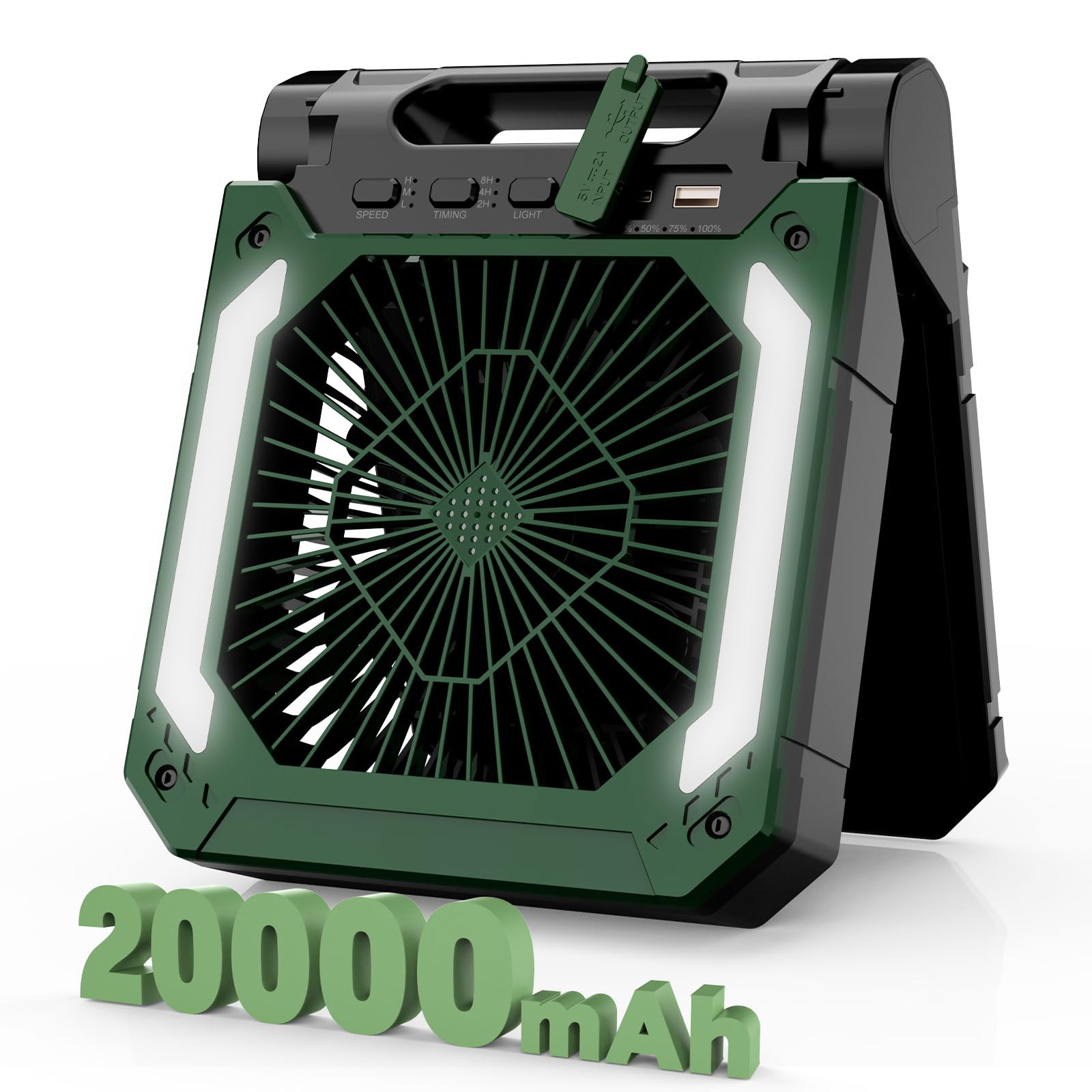 Photo 1 of 20000mAh Camping Fan Rechargeable with Lantern for Camping, Battery Powered Fan with 8W Solar Panel, Timer, USB-C, 3 Speeds Table Fan for Camping Travel Tent Hurricane Home Bedroom Office (Dark Green)