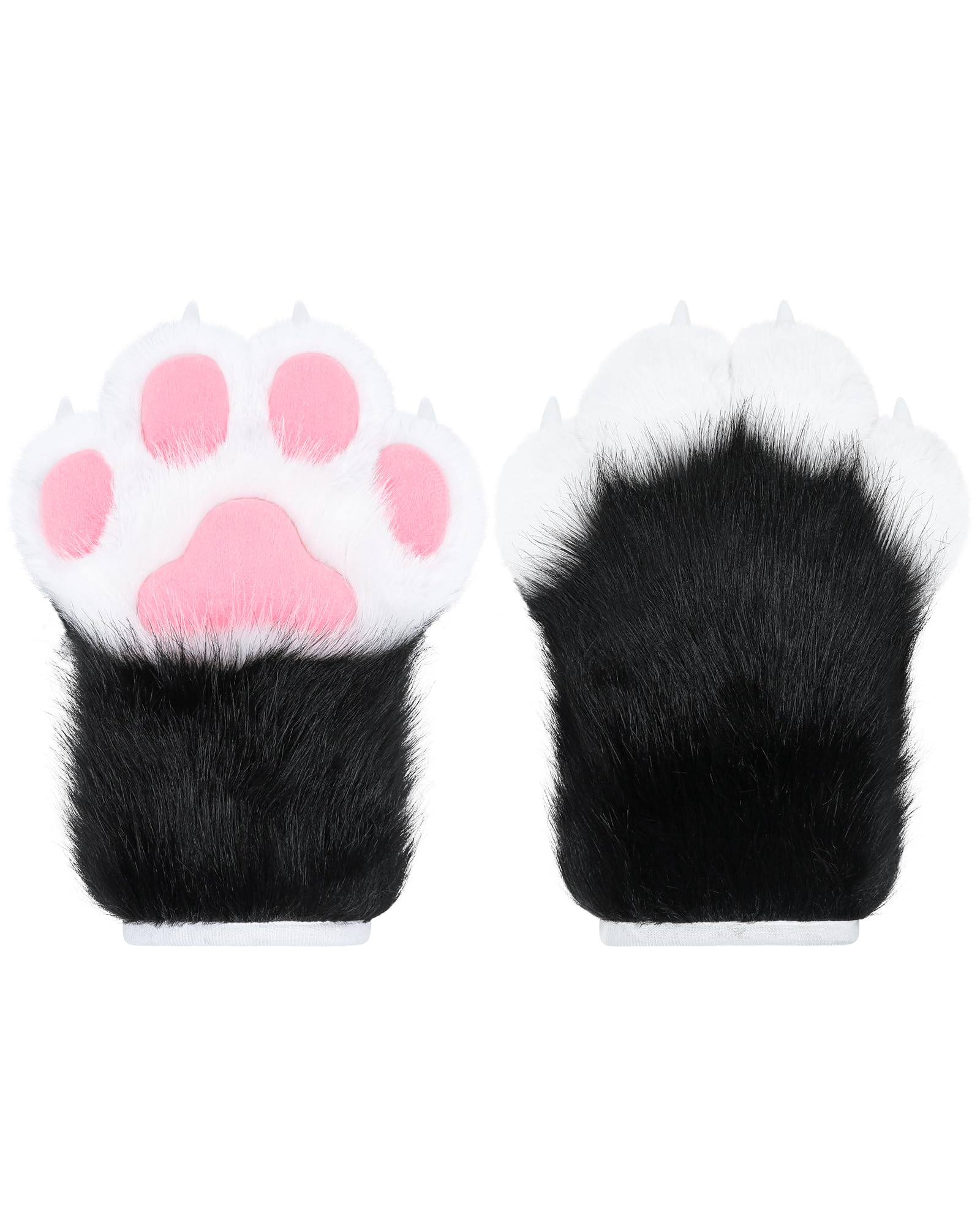 ZFKJERS Cosplay Animal Extended Fluffy Plastic Claws for Cat Fursuit Paws Gloves Adults Costume Accessories Set (Black-White)