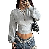 Milumia Women's Ruched Long Lantern Sleeve Crop Top Crew Neck Cinched Waist Y2k Going Out T Shirts