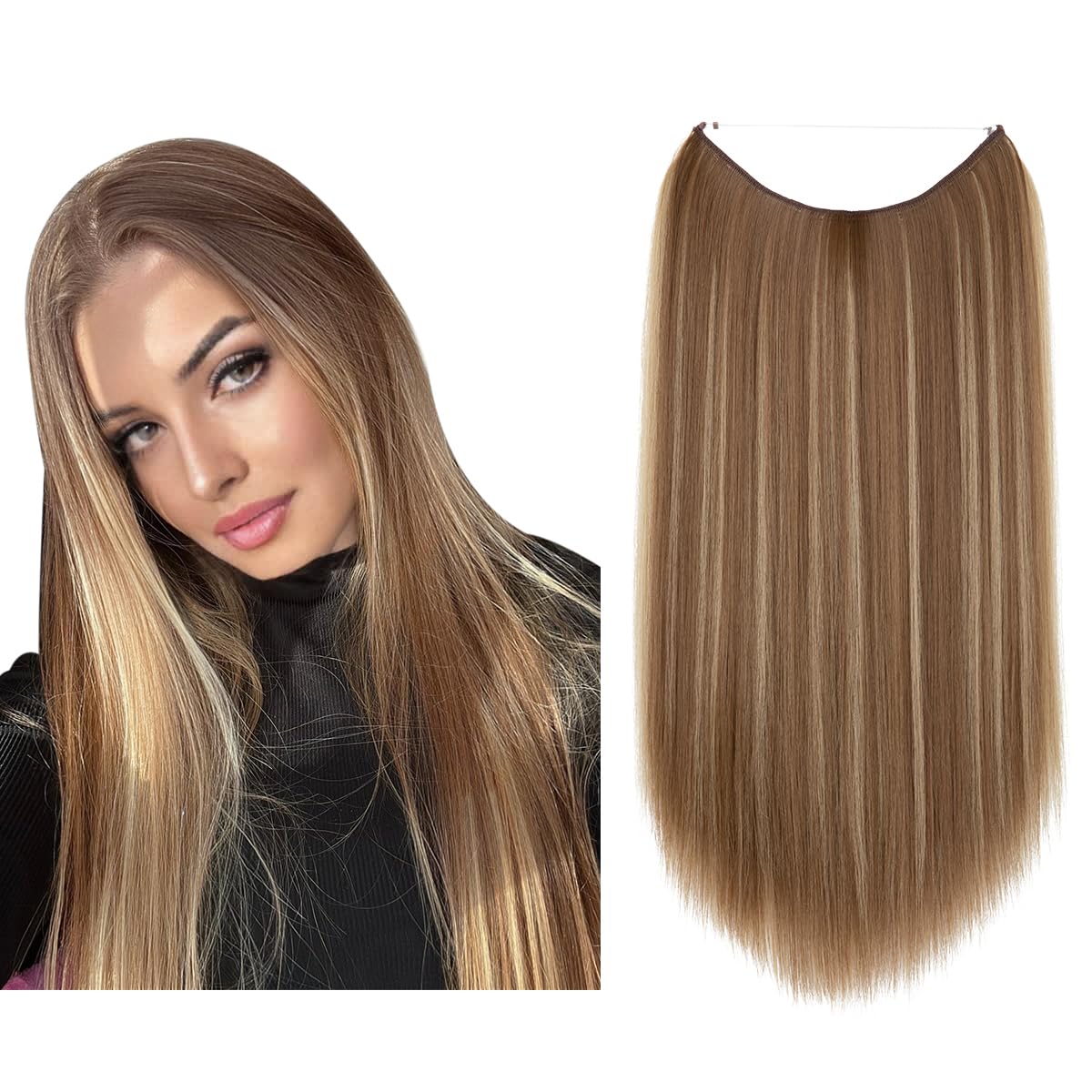 Photo 1 of SARLA Short Highlight Invisible Wire Hair Extensions Straight Synthetic Hairpieces Adjustable Transparent Headband for Women 14 Inch No Clip Ash Medium Brown/Ash Blonde