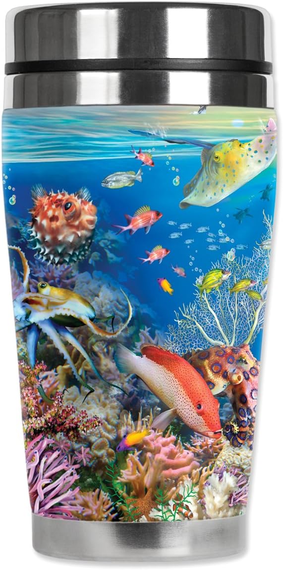Mugzie brand 470ml Travel Mug with Insulated Wetsuit Cover - Wonders of the Sea