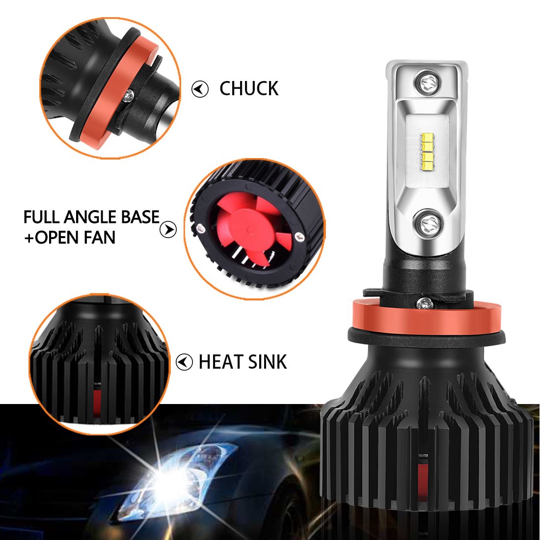 SuperArt H11/H8/H9 LED Headlight Bulbs Conversion Kit Headlamp All-in-One Extremely Bright ZES Chips 8000 Lumens Low beam Headlamp Fog Driving Light Halogen Head light Replacement 6500K White