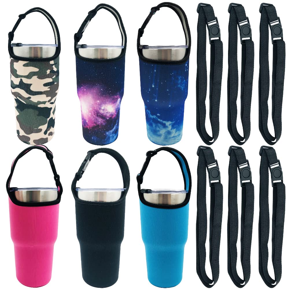 DanziX 6 Pack 30oz Tumbler Carrier Holder, 6 Colors Neoprene Sleeve Water Bottle Carrier 30oz Vacuum Travel Insulated Mug with 6 Shoulder Strap