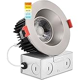 LUXRITE 4 Inch LED Recessed Lighting with Junction Box, 15W, 5 Color Selectable 2700K-5000K, 1100 Lumens, 40° Spotlight, Dimmable Downlight, Wet Rated, IC Rated - Brushed Nickel