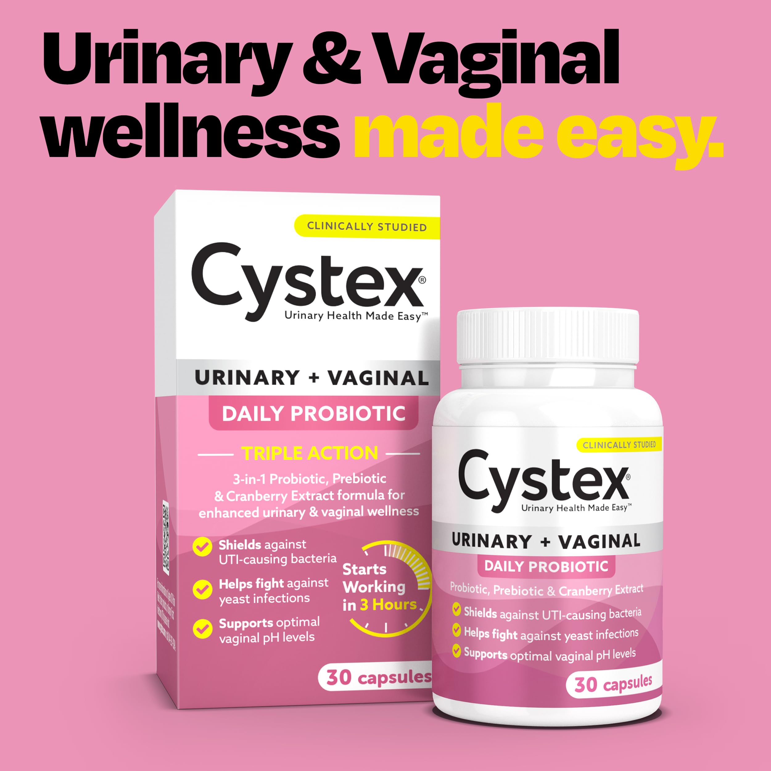 Cystex 3-in-1 Urinary Tract Probiotic for Women – Fast-Acting UTI & Yeast Infection Support with Prebiotics, Probiotics & Cranberry – Supports Vaginal pH & Flora Balance, (30 Capsules)
