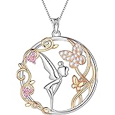 Aurora Tears Fairy Necklace for Teen Women- 925 Sterling Silver Angel Butterfly Vine Leaves Rose Gold Pendant Necklace Pink Crystal Jewelry for Women Christmas Birthday Valentine's Day Gift