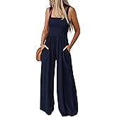 KIRUNDO Womens Jumpsuit 2026 Summer Casual Loose One Piece Overalls Smocked Sleeveless Wide Leg Rompers With Pockets