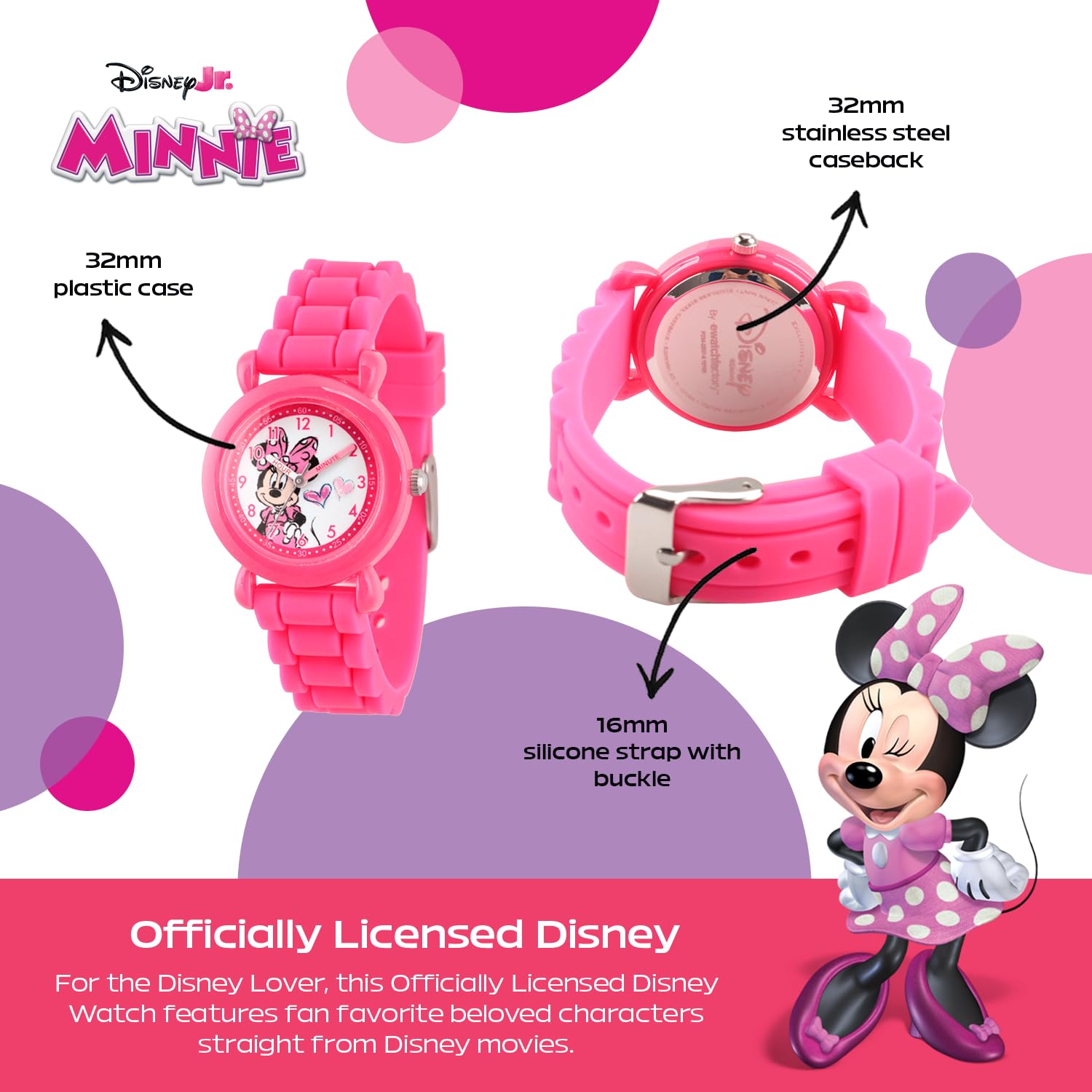 Disney Minnie Mouse Watch for Kids – Cute Minnie Watch for Girls & Toddlers Ages 3-5 – Gift for Young Fans – Full Color Watches with Pink Bezel & Soft Silicone Plastic Strap