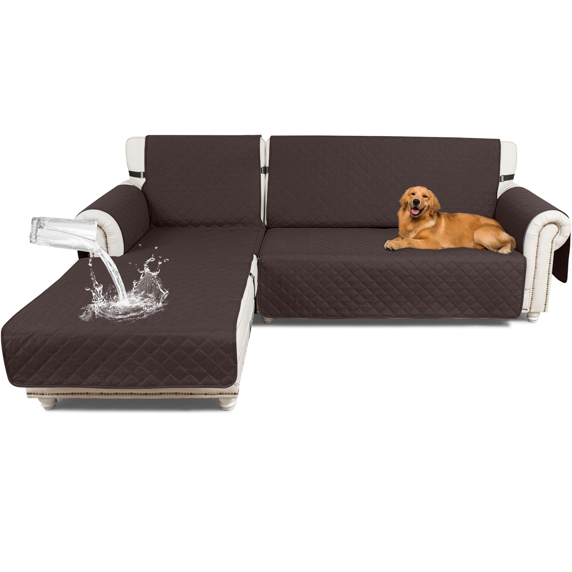 Photo 1 of Taque Sectional Couch Covers 100% Waterproof L Shaped Sofa Slipcover Reversible Chaise Lounge Cover for Sectional Sofa Cover for Pets Cat Dog Kids Family (Large, Brown)