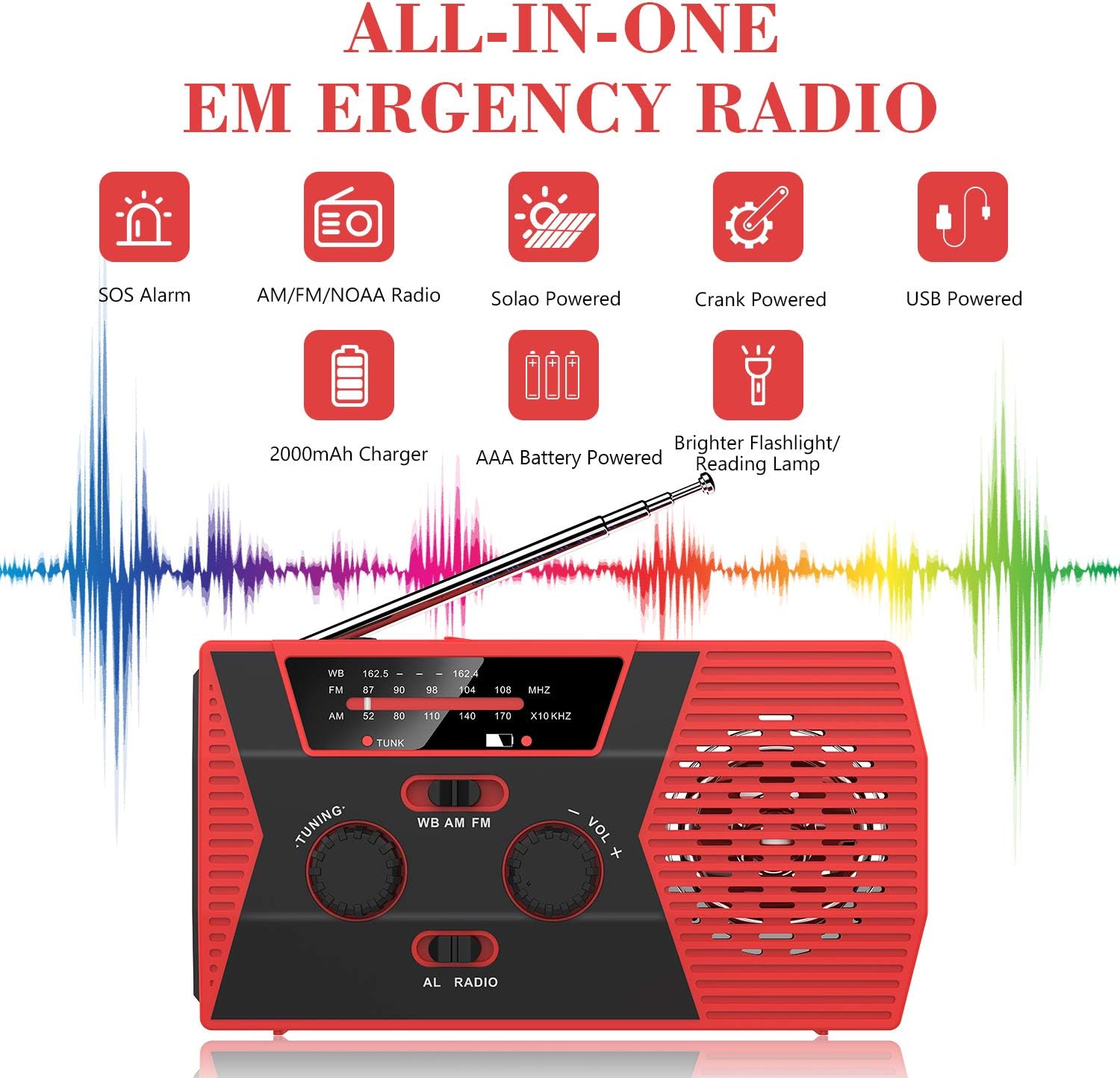 Emergency Solar Hand Crank Portable Radio, NOAA Weather Radio for Household and Outdoor Emergency with AM/FM, LED Flashlight, Reading Lamp, 2000mAh Power Bank USB Charger and SOS Alarm: Home Audio & Theater