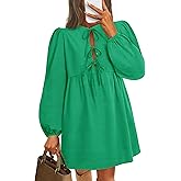 ZESICA Women's Dress Fall Long Puff Sleeve Self Tie Front Babydoll A Line Pleated Cute Mini Tunic Dresses 2026
