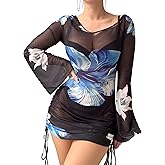 ZAFUL Womens Swimsuit Cover Up Dress Off Shoulder Hollow Coverup Bathing Suit Mesh Swim Beach Dress