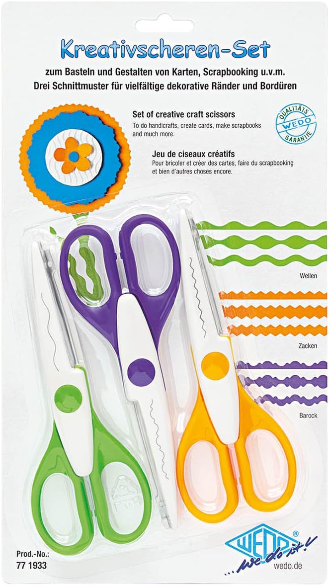 Wedo 771933 Kreativscheren Set, Wellenschnitt, Zackenschnitt, Büttenschnitt große Grifflöcher, Inhalt: 3 Stück, 3er Set, 16 cm) farbig sortiert