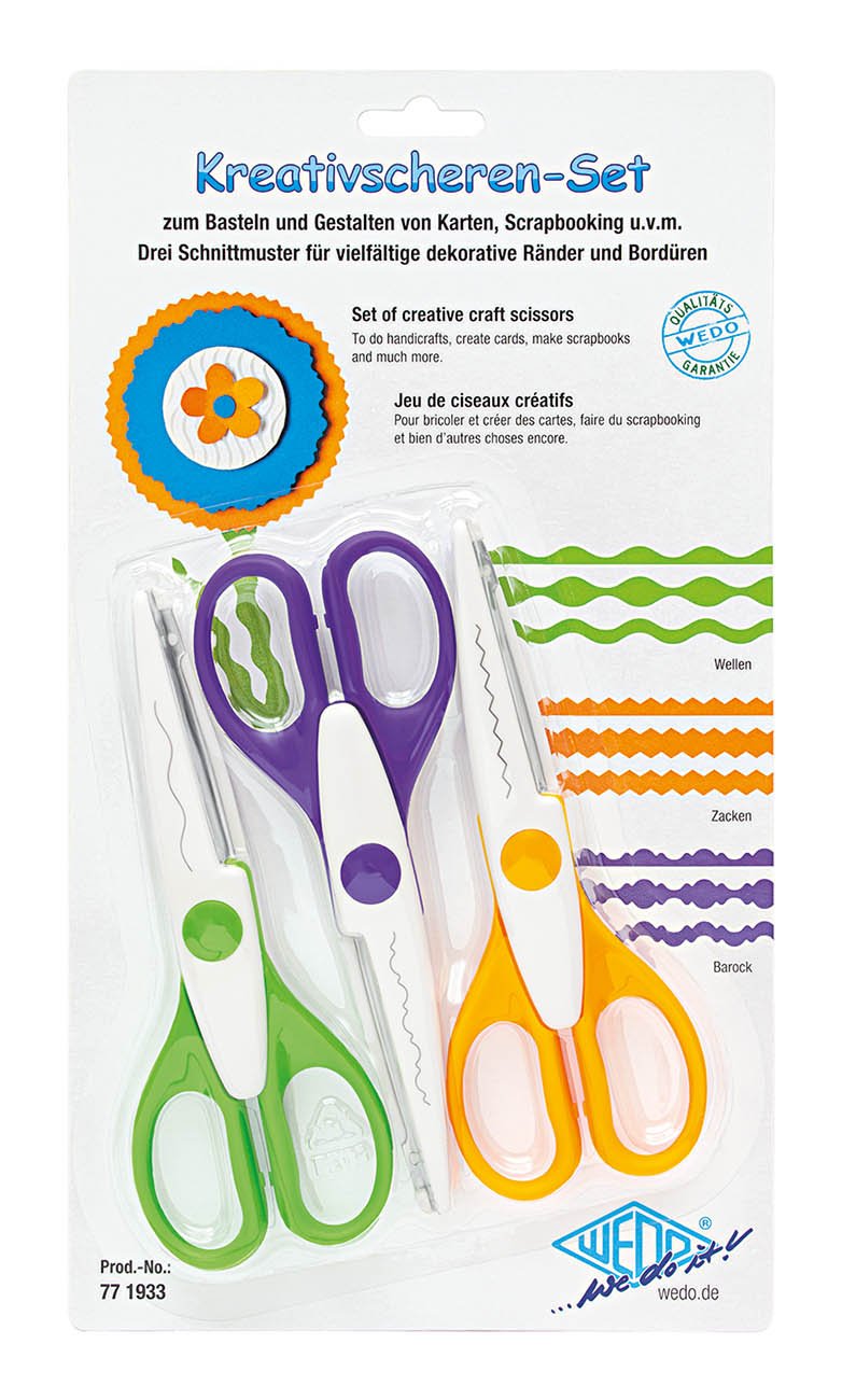 WEDO 77 1933 Set of 3 Creative Scissors - Wavy, Serrated and Deckle Cut in Green, Purple, Orange
