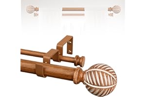 Boho Wooden Curtain Rods for Windows 36 to 88:TANGWIN 1" Heavy Duty Double Curtain Rod with Imitation Wood Grain Finials Farmhouse Decorative Wood Curtain Rod Dual Adjustable for Living Room Bedroom