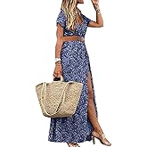 MessBebe Womens 2024 Summer Floral Maxi Dress Wrap V Neck Short Sleeve Beach Party Flowy Long Boho Dresses with Belt