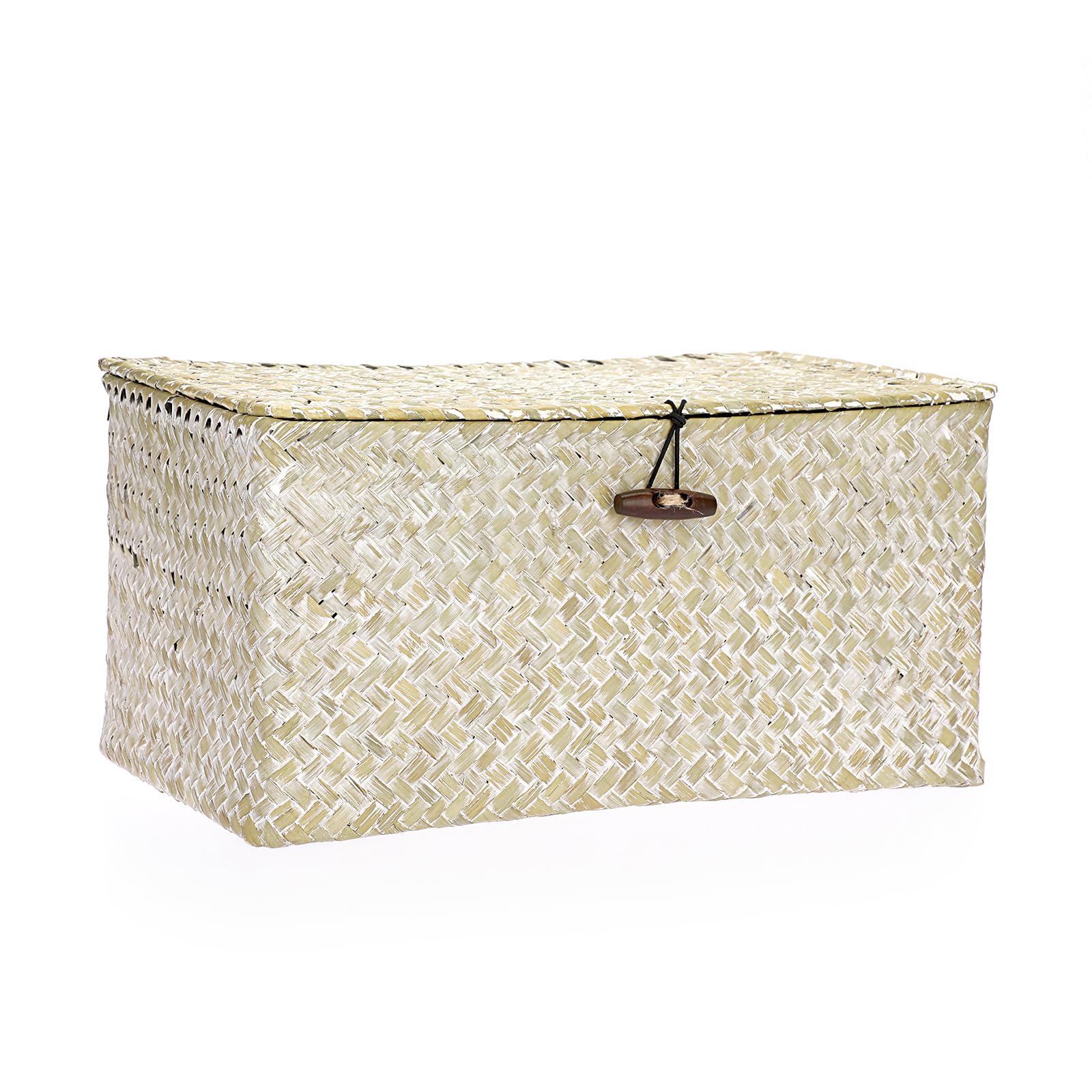 IGNPION Seagrass Storage Basket with Lid Woven Wicker Desktop Basket Rectangular Bathroom Storage Organiser Box, Living Room Decorative Under Shelf Basket Multipurpose Storage Hamper(Whitewash,M) — image 1
