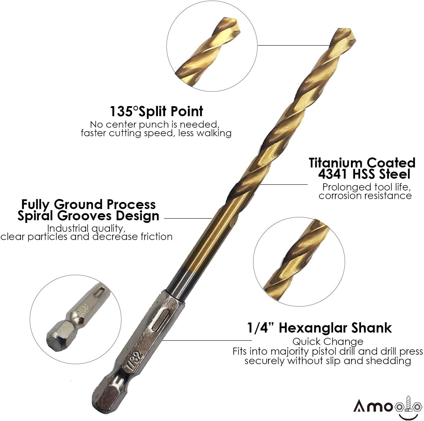 amoolo Hex Shank Drill Bit Set (13Pcs Set+3 Pcs Free), Premium 4341 HSS Titanium Impact Hex Drill Bits for Wood, Steel, Metal, Plastic, Quick Change Design (1/16”-1/4”): Industrial & Scientific