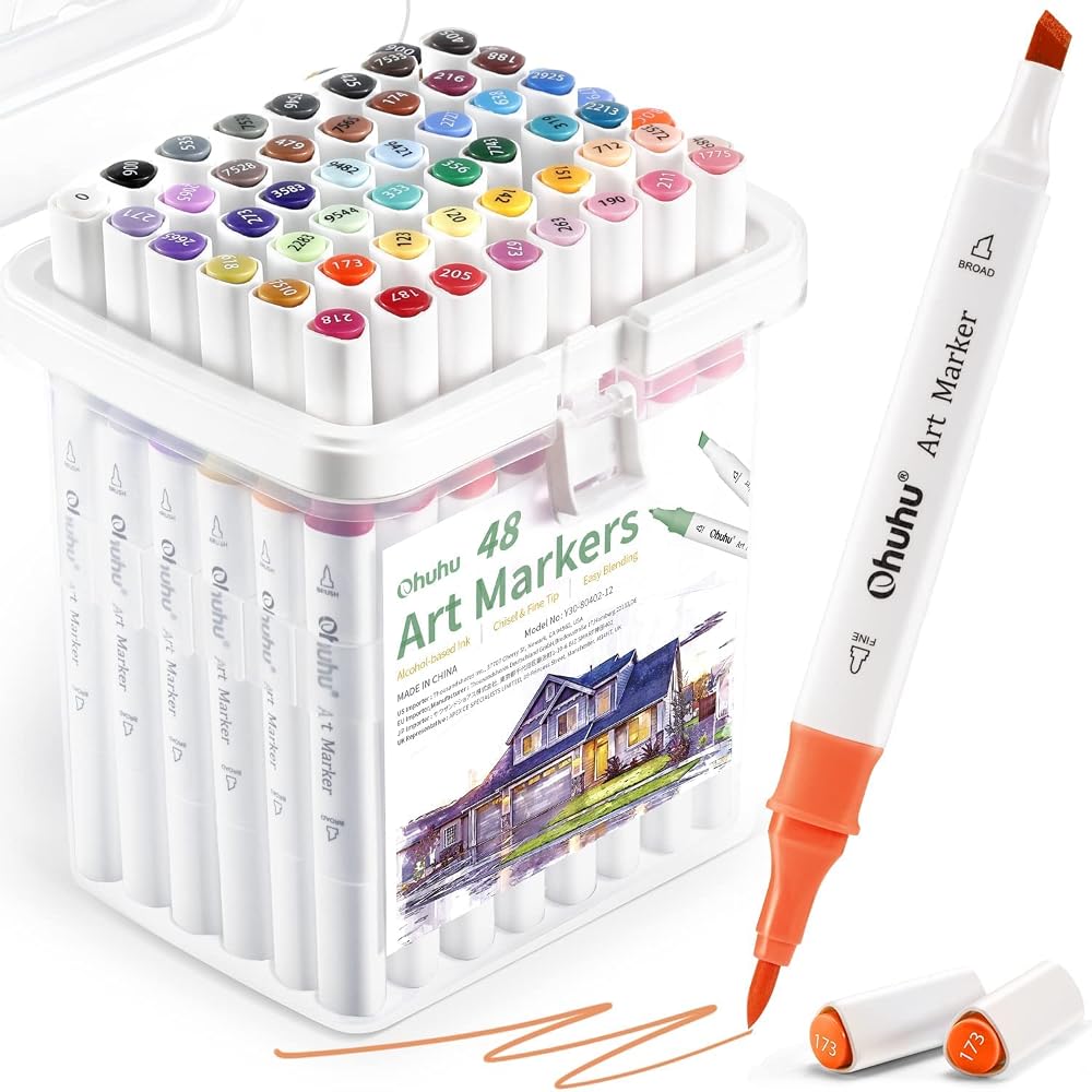 Ohuhu 48 Colour Alcohol Markers Brush & Chisel Tips Dual-Tip Set