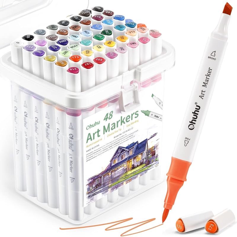 Ohuhu 48 Colour Alcohol Markers Brush & Chisel Tips Dual-Tip Set