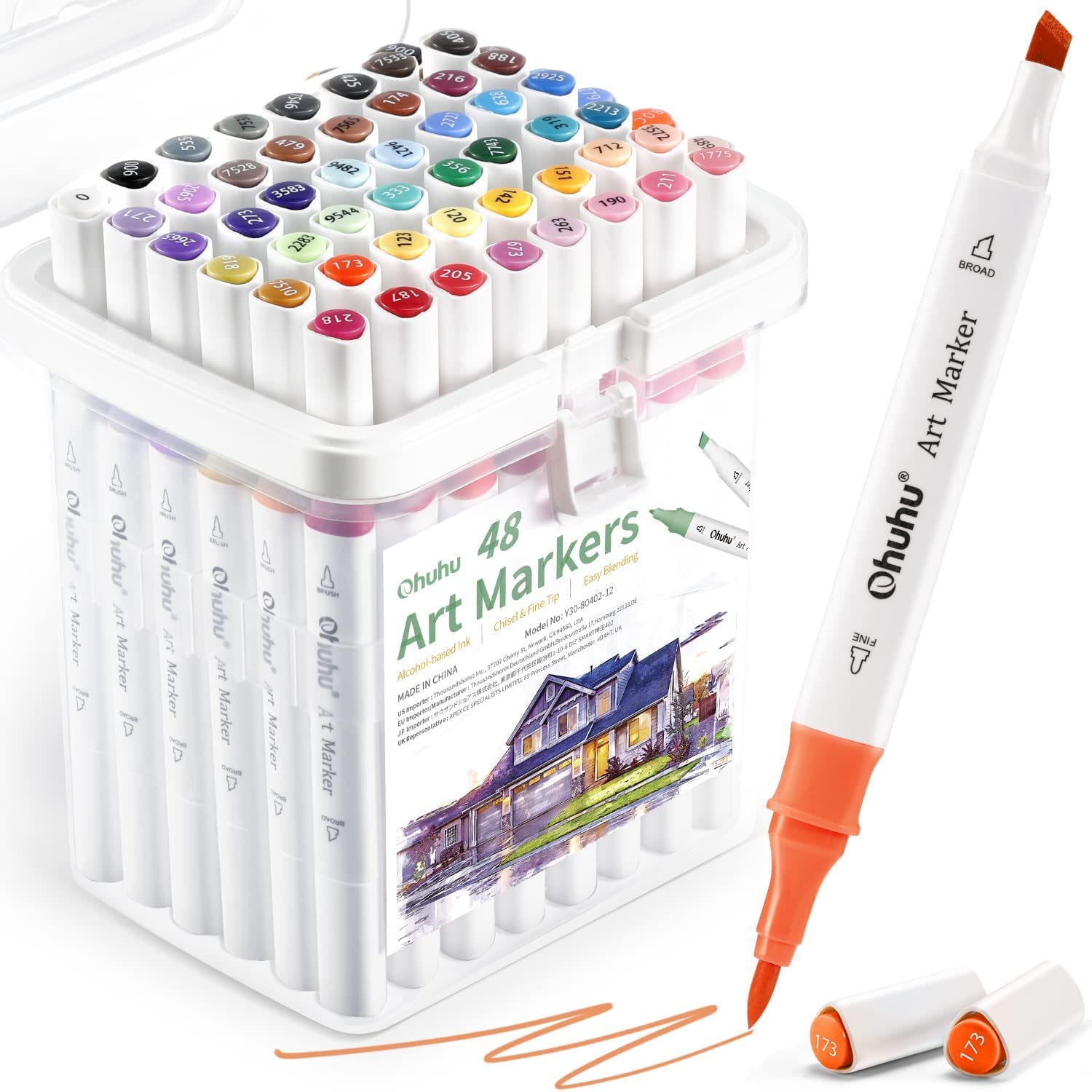 Ohuhu Alcohol Markers, 48 Colouring Brush Pens Double Tipped Alcohol Based Markers for Artist Adult Coloring Sketching Illustrations, Brush & Chisel, Great Value Pack for Students' Art Class