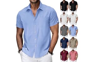 Mens Short Sleeve Dress Shirts Cotton Linen Summer Button Down Shirt for Business Work Comfy Casual Collared Shirt