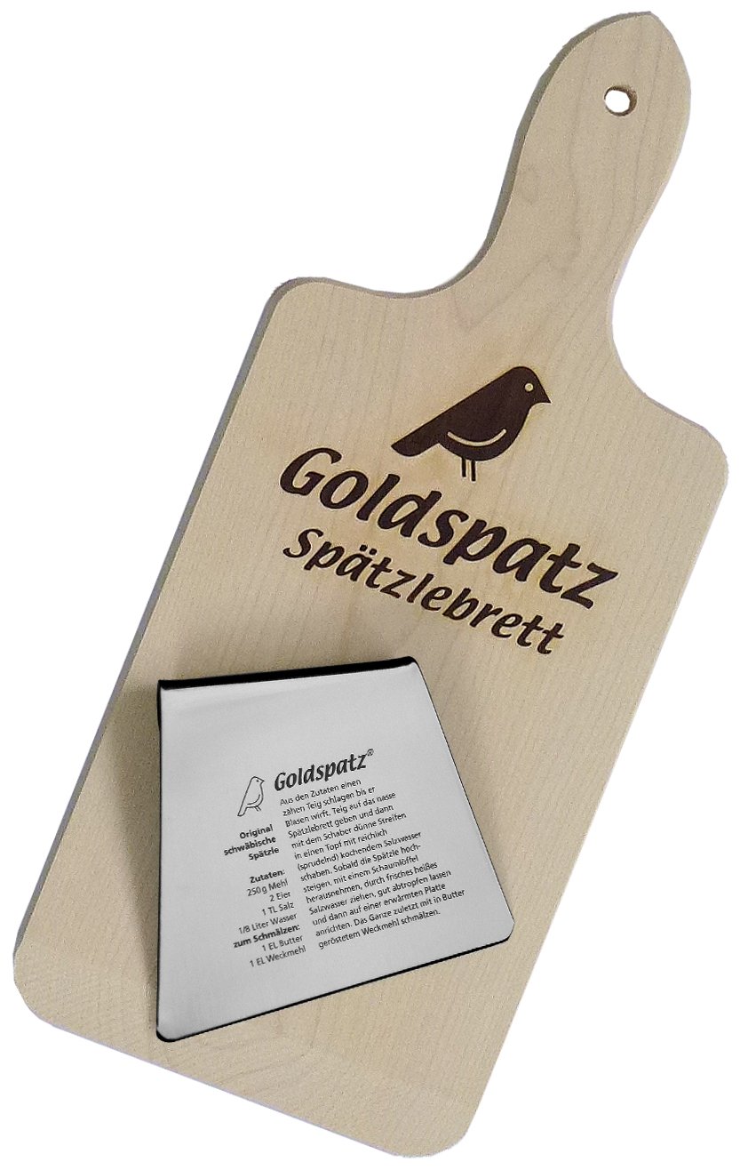 Goldspatz Spätzle noodle board including Stainless steel scraper (features: Engraved Spätzle recipe!) [In German]