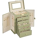 SONGMICS 6-Layer Jewelry Box Organizer with 5 Drawers, Jewelry Storage Case with Lock and Mirror, Large Storage Capacity, Gift for Loved Ones, for Necklaces, Watches, Sage Green UJBC152CE01S