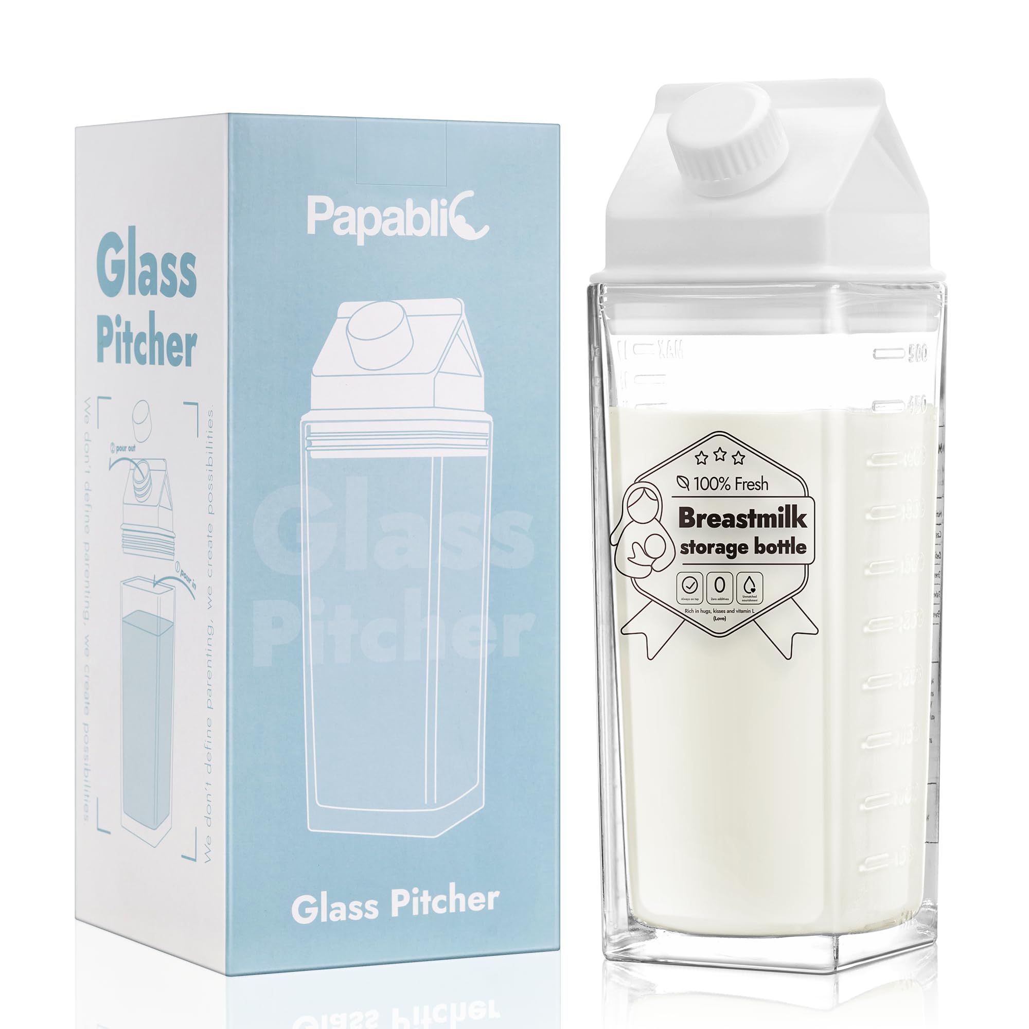 Photo 1 of [Glass] Breastmilk Storage Bottles, Baby Breast Formula Milk Container for Breastfeeding Essential, Reusable Milk Pitcher Shaped Collection for Fridge & Milk Cooler, BPA Free, 17 oz