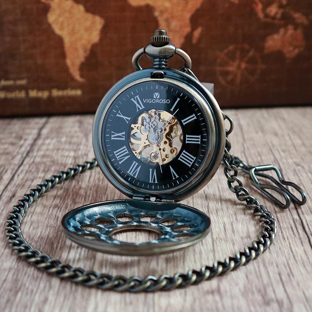 VIGOROSO Vintage Hand Wind Up Pocket Watches for Men, Mechanical Pocket Watch with Chain, Mens Skeleton Pocketwatch
